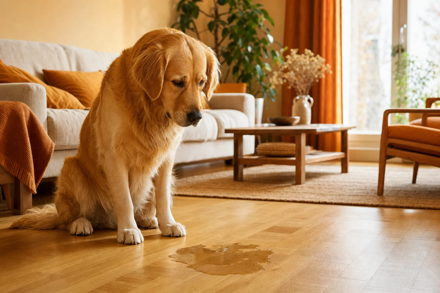Chien qui urine beaucoup dans la maison sur le parquet du salon