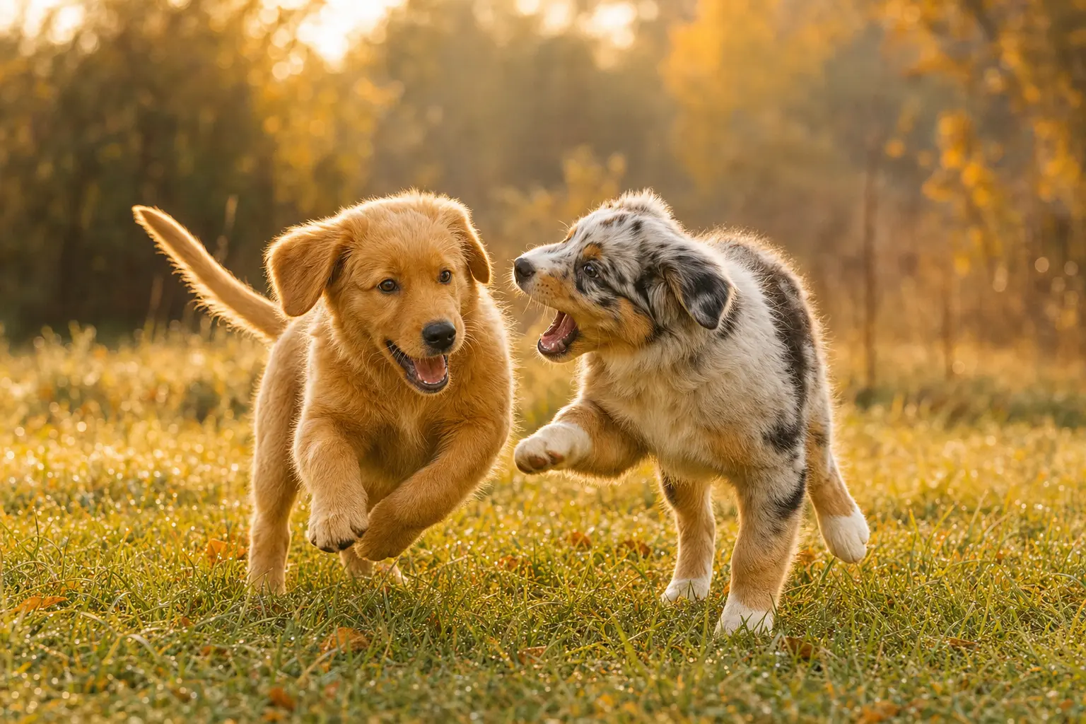 Chiots golden aussie jouant dans un jardin ensoleillé