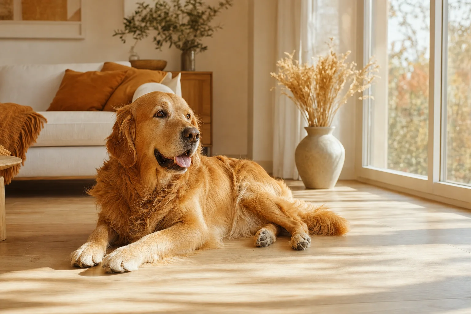 Golden Retriever en appartement détendu dans un salon lumineux