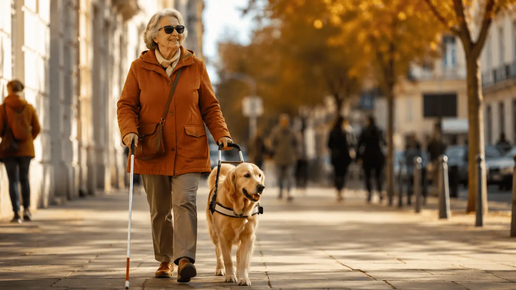 Golden Retriever au travail comme chien guide d'aveugle en ville