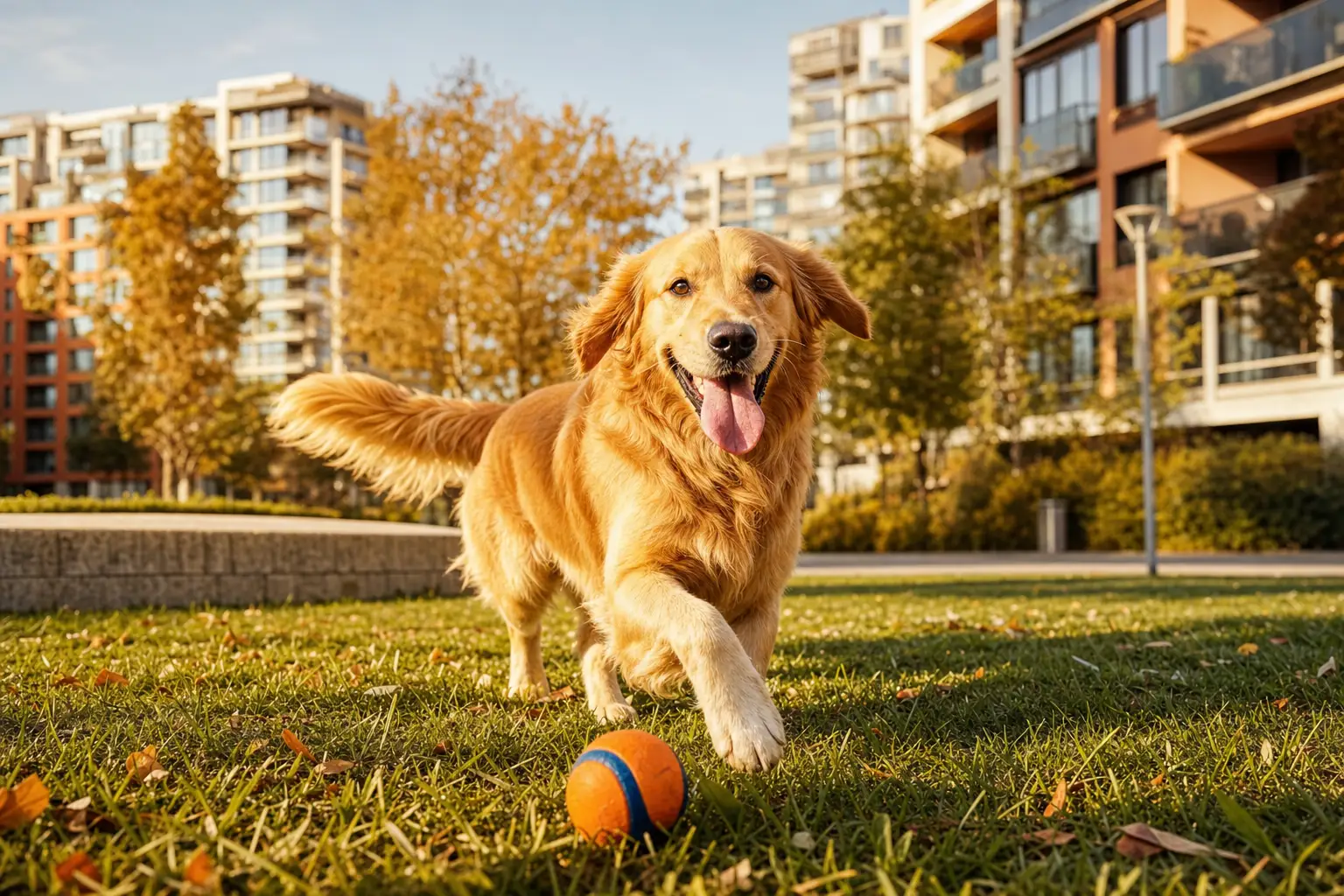 Golden Retriever en appartement épanoui lors d'une sortie en ville