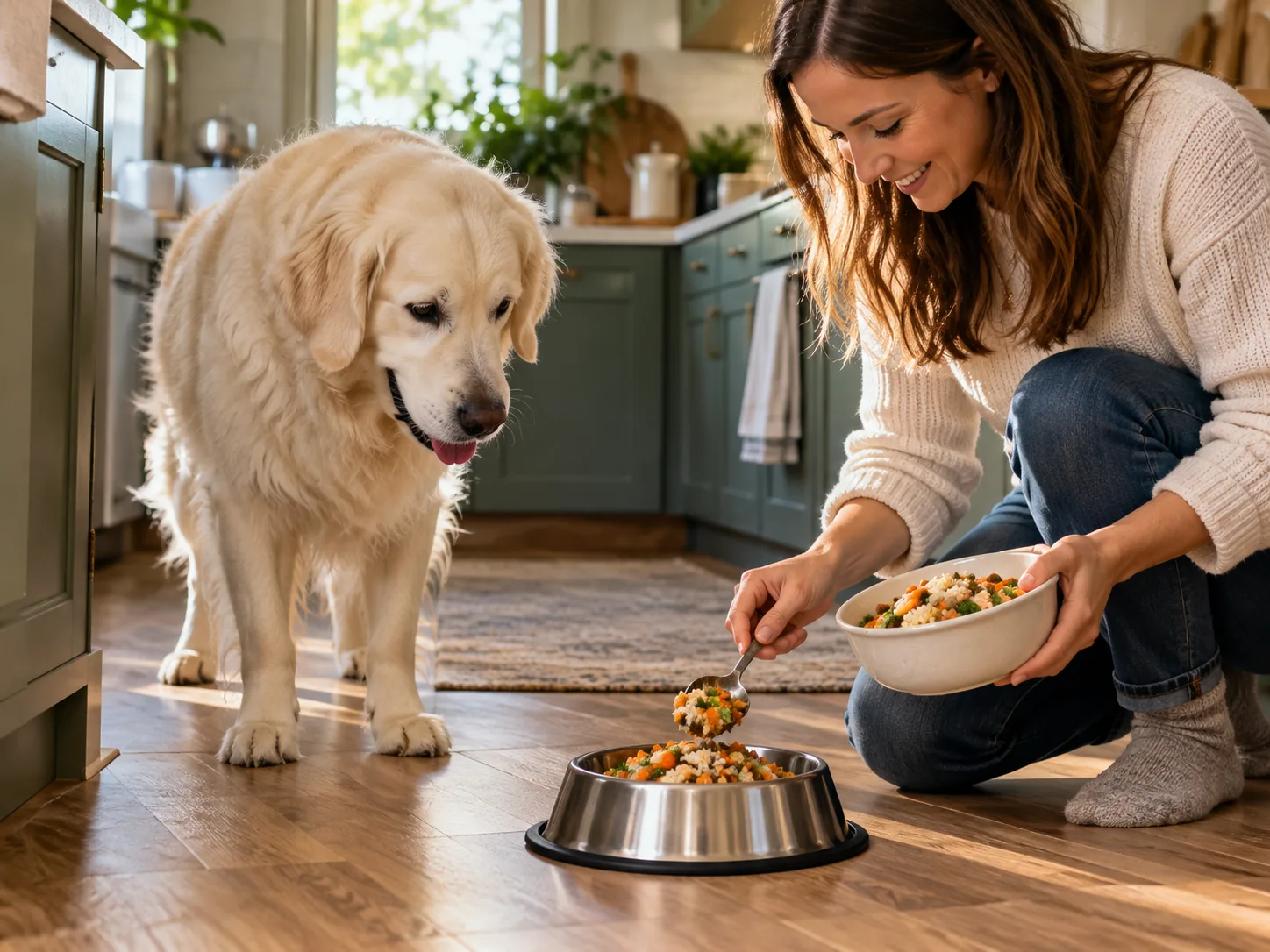 Golden Retriever regardant sa maîtresse servir un repas frais dans sa gamelle