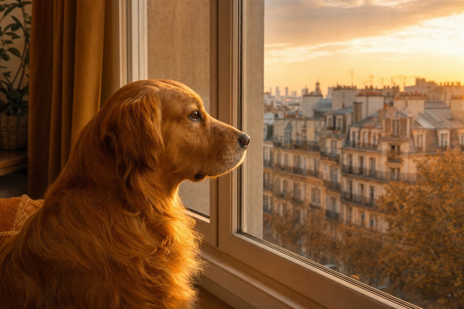 Golden Retriever en appartement regardant par la fenêtre