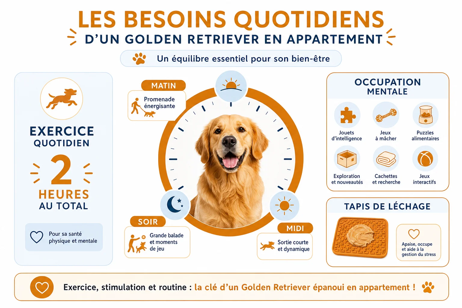 Infographie besoins quotidiens Golden Retriever en appartement