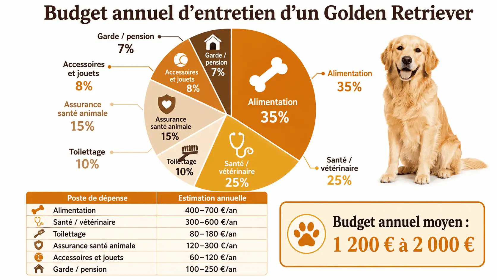 Infographie de la répartition du budget annuel d'entretien d'un Golden Retriever