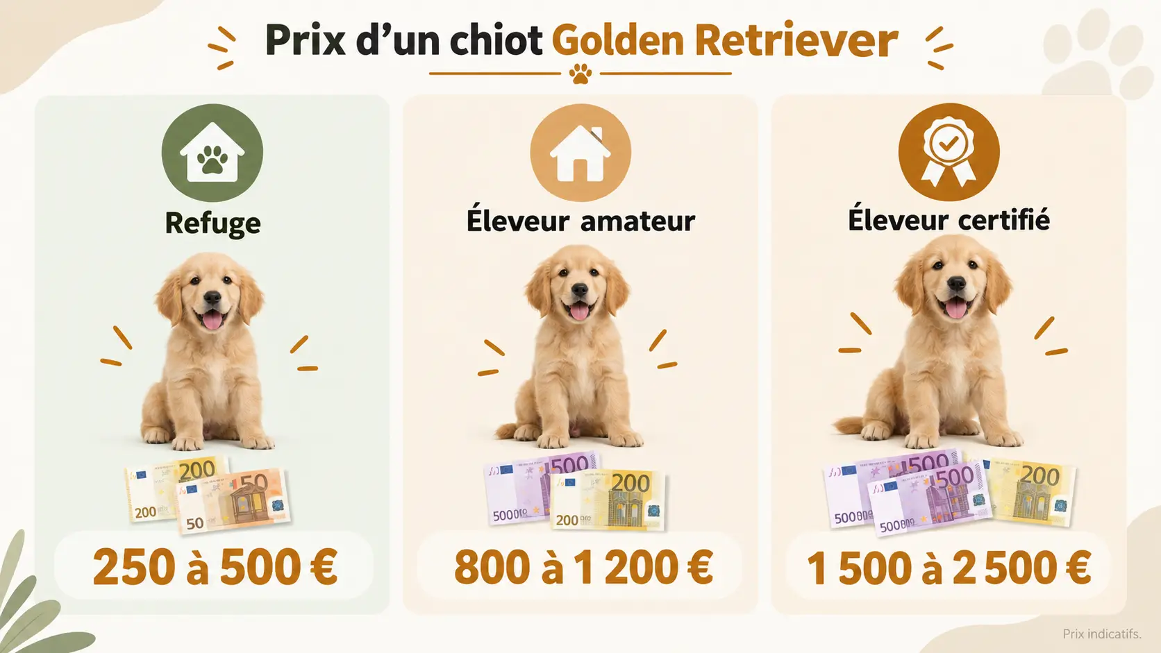 Infographie du budget pour prendre un Golden Retriever selon l'origine