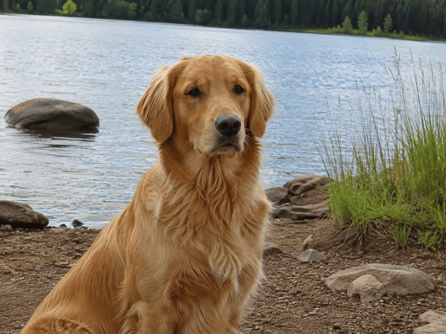 Femelle Golden Retriever au bord d'un lac