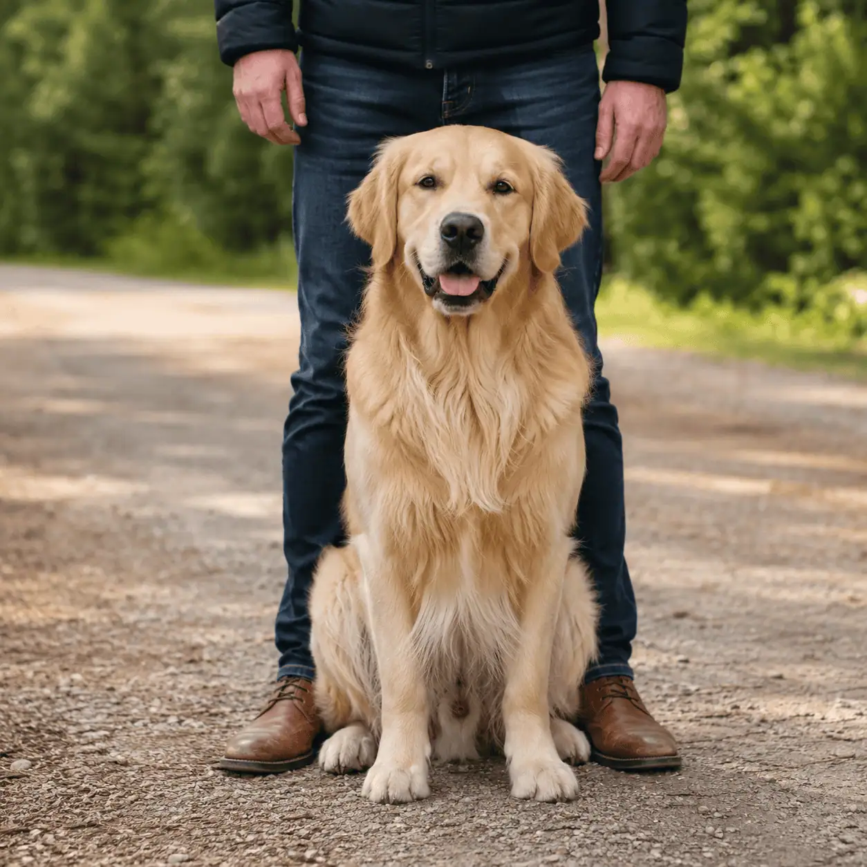 Golden Retriever sable au pied de son maître