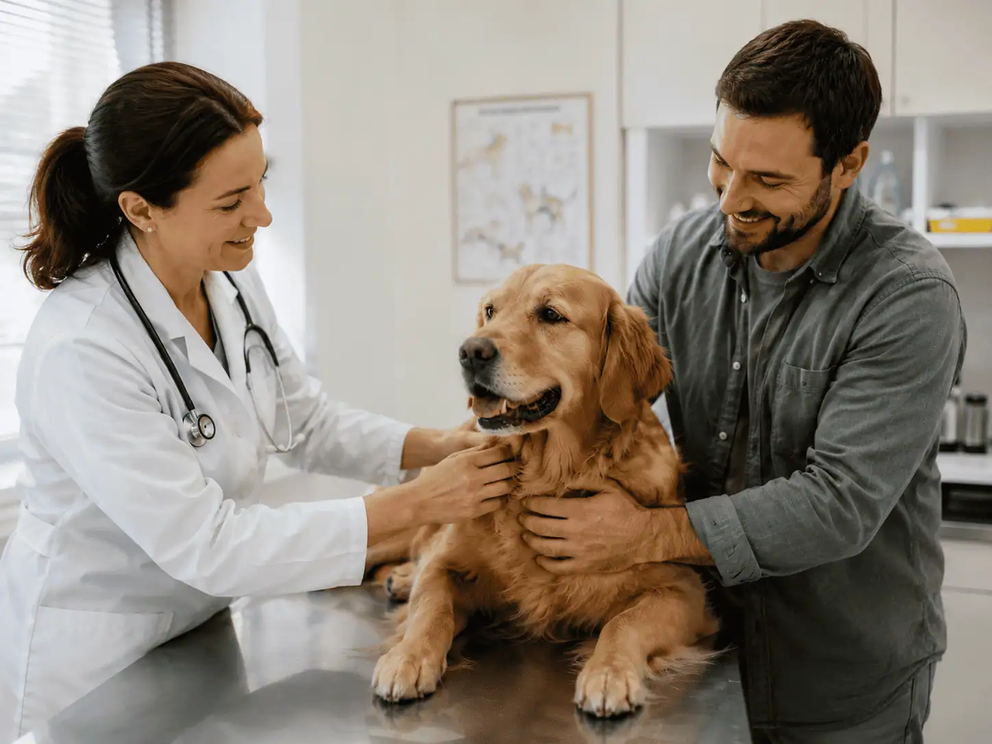 Maître et son Golden Retriever chez le vétérinaire